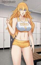 1girls blonde_female blonde_hair gym_clothes gym_shorts gym_uniform locker_room long_hair long_hair_female purple_eyes rwby solo_female sticking_out_tongue tehshraid yang_xiao_long