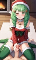 1boy 1boy1girl 1girls ai_generated blush breasts christmas christmas_outfit cum cum_on_face cumshot drill_hair ejaculation fire_emblem fire_emblem:_three_houses flayn_(fire_emblem) green_eyes green_hair handjob looking_at_viewer naked no_bra nopemope26 nude nude_female penis pov pov_crotch pov_eye_contact santa_hat small_breasts stroking_penis