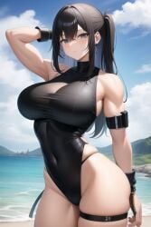 ai_generated beach big_breasts black_hair blue_eyes muscular original ponytail white_skin wide_hips