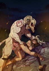 1boy 1girls absurdres anal anal_sex colored_skin demon_boy demon_horns demon_tail embers english_commentary facial_tattoo female from_side highres horns interspecies leg_tattoo male male_penetrating_female momdadno monster monster_on_female muscular muscular_male night nipples original penis pussy rape red_eyes rope sex sharp_teeth skull_head tail tattoo teeth testicles white_skin