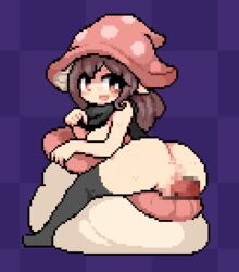 animated anus ass black_scarf black_stockings bluelab brown_hair censored female fungi_fauna happy happy_sex medium_breasts mostly_nude mushroom pixel_art shroom_girl smile vaginal vaginal_penetration