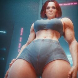 1girls 3d ai_generated animals_(cyberpunk_2077) back_muscles briefs brown_hair cd_projekt_red cyberpunk_2077 female female_only muscles muscular muscular_arms muscular_female nowrin rhino_(cyberpunk_2077) short_hair solo solo_female topless topwear underwear veiny_muscles