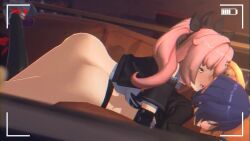10_seconds 1futa 1girls 3d animated ass belle_(zenless_zone_zero) blue_hair blush bottomless bouncing_ass breasts_on_back commentary crop_top english_commentary futa_on_female futanari hair_ornament implied_futa jewelry light-skinned_female light-skinned_futa light_skin long_hair lying multiple_girls nicole_demara no_sound on_stomach pink_hair prone_bone rougenine sex short_hair shorter_than_10_seconds side_view video zenless_zone_zero