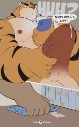 2025 5_fingers absurd_res anthro areola arm_markings aroused artist_name balls barazoku bathroom big_balls big_muscles big_pecs big_penis biped black_eyebrows black_eyes black_nose bodily_fluids bottomless canid canine chest_tuft clothed clothing comic crotch_tuft cum digital_media_(artwork) electronics english_text erection eyebrows felid fingers fur fur_markings furniture genital_fluids genitals glans hair hi_res holding_object holding_phone long_penis male mammal manly markings mature_anthro mature_male mostly_nude multicolored_body multicolored_fur musclegut muscular muscular_anthro muscular_male neutral_expression nipples nude onomatopoeia pantherine patreon patreon_logo patreon_username pecs penile penis phone precum presenting presenting_penis quads question_mark raised_eyebrow red_glans seductive sequence short_hair signature simple_background slap solo sound_effects speech_bubble striped_body striped_fur striped_markings stripes table text thick_penis tiger toony topless tuft twitter twitter_logo vein veiny_penis vitashi white_body white_fur