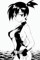 ai_generated asymmetrical_hair bare_shoulders belt breasts casual_one-piece_swimsuit center_opening cleavage closed_mouth clothing dripping expressionless female fingerless_gloves gloves hair_between_eyes hair_tie halterneck highleg highleg_swimsuit jitome kasumi_(pokemon) large_breasts looking_at_viewer loose_belt medium_breasts misty_(the_electric_tale_of_pikachu) navel ocean one-piece_swimsuit partially_submerged poke_ball pokemon pokemon_character pokemon_rgby ponytail short_hair short_ponytail side_ponytail sideboob solo standing swimsuit the_electric_tale_of_pikachu thighs tied_hair turtleneck wading water water_drop wet wet_hair