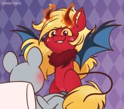 1boy 1girls abstract_background bat_wings blush cowgirl_position demon domination fluffy fluffy_ears freckles hasbro horn horns lying lying_down lying_on_back male_penetrated male_penetrating male_penetrating_female my_little_pony ninnydraws oc on_back original_character pattern_background penetration penis pony sex sharp_teeth straight tail teeth vaginal_penetration wings