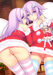 3girls :o blonde_hair blue_eyes book bottomless censored christmas_outfit d-pad daiaru female hair_ornament hat highres histoire lavender_hair long_hair looking_at_viewer looking_back looking_to_the_side minigirl mosaic_censoring multiple_girls nepgear neptune_(neptunia) neptunia_(series) no_panties open_mouth purple_eyes purple_hair pussy santa_costume short_hair siblings sisters size_difference striped striped_legwear thighhighs tied_hair twintails upskirt wings