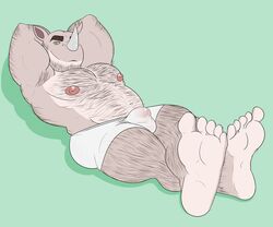 2017 5_toes anthro arm_hair beard biceps body_hair bulge chest_hair facial_hair feet gio green_background grey_skin hairy hands_behind_head horn humanoid_feet leg_hair looking_at_viewer lying male male_only mammal manly naughty_face nipples on_back pecs penis reclining rhinoceros seductive simple_background smile smirk soles solo stomach_hair toes translucent trianglepapaya yellow_eyes