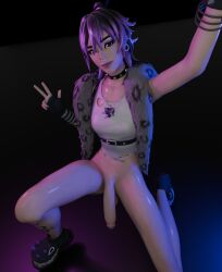 3d alternative_fashion bottomless brown_eyes dangling_penis female flaccid_penis fortnite futanari hidden_breasts looking_at_viewer mostly_clothed no_feet oily_skin peace_sign phaedra_(fortnite) punk_princess_phaedra_(fortnite) purple_hair scarf selfie simple_background slim_waist small_breasts solo