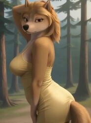 1girls ai_generated alpha_and_omega anthro anthrofied breasts brown_eyes canid canine canis clothed clothed_female clothing dancing dress ears female forest forest_background furry kate_(alpha_and_omega) long_hair looking_at_viewer looking_back medium_breasts outdoors outside tagme tail tan_body tan_fur two-tone_body two-tone_fur video wolf wolf_girl yellow_clothing