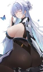 aqua_eyes ass bare_shoulders blue_hair blush bodysuit breasts bug butterfly female from_behind goddess_of_victory:_nikke hair_bun huge_ass insects large_breasts long_hair looking_at_viewer nayuta_(nikke) one_eye_closed pantyhose parted_lips rimmon sideboob sitting solo thick_thighs thighs very_long_hair warizan