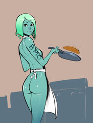 adventure_time apron ass back bmo breasts cartoon_network female frying_pan green_hair izra looking_at_viewer looking_back mole naked_apron pancake rule_63 short_hair sideboob solo