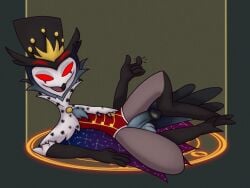 4:3 anthro balls clothed clothing crown demon feathers genitals headgear hellaverse helluva_boss looking_at_viewer lying male on_side orangestheasd owl_demon penis royalty solo stolas_(helluva_boss) suductive summoning_circle