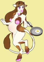 2017 anthro areola belly big_belly big_breasts blush bovine breasts brown_fur brown_hair brown_horn cattle egg female frying_pan fur hair hooves horn long_hair mammal navel nipples nude pink_eyes pink_nipples pregnant pregoo pussy simple_background smile solo tan_fur yellow_background