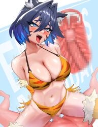 1boy 1girls absurdres animal_ears animal_print arms_behind_back between_legs bikini bikini_bottom_aside blue_eyes blue_hair breasts censored cleavage clothing_aside colored_inner_hair commentary cosplay cowgirl_position cross_section cum cum_in_pussy cum_in_uterus cum_inside english_commentary excited female fur-trimmed_gloves fur-trimmed_thighhighs fur_trim gloves hair_between_eyes hair_intakes halterneck happy_sex highres hololive hololive_english hololive_english_-council- hololive_english_-promise- kemonomimi large_breasts light-skinned_female light-skinned_male light_skin long_hair_between_eyes looking_pleasured mosaic_censoring multicolored_hair navel open_mouth original ouro_kronii sex short_hair sitting slim_waist solo_focus source_request stomach straddling straight swimsuit tail thighhighs tiger-chan_(hcnone) tiger_ears tiger_print tiger_tail tongue tongue_out two-tone_hair vaginal_penetration virtual_youtuber yellow_bikini yellow_gloves yellow_thighhighs yodokogon