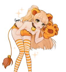 animal_ears artist_name bell bell_collar bent_over blonde_hair breast_squish breasts cat_ears cat_tail chungu collar cute cute_fang female gloves green_eyes hand_on_own_chest harukuchi_(wintertrues) highres idolmaster idolmaster_cinderella_girls jingle_bell jougasaki_rika lion_tail long_legs nipples open_mouth paw_gloves paws petite short_shorts shorts simple_background small_breasts smaller_female solo sparkle striped striped_legwear tail thighhighs topless two_side_up white_background young