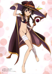 1girls bandage barefoot black_bra bottomless bow bra brown_hair cape kono_subarashii_sekai_ni_shukufuku_wo! looking_at_viewer magic_staff megumin pointed_hat pubic_hair pussy red_eyes small_breasts smile solo uncensored witch witch_girl witch_hat