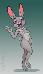 3_toes anthro breasts buckteeth catfistingparty_(artist) claws disney drugs feet female flat_chest fur genitals grey_body grey_fur hi_res judy_hopps lagomorph leporid looking_at_viewer mammal multi_nipple navel nipples nude open_mouth pussy rabbit ringed_eyes scut_tail simple_background small_breasts solo substance_intoxication teeth toe_claws toes tongue tongue_out zootopia