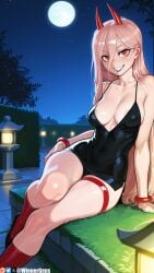 ai_generated alternate_breast_size artist_name bare_shoulders black_dress blonde_hair bracelet breasts chainsaw_man cleavage collarbone demon_horns dress female full_moon grin hair_between_eyes horns jewelry large_breasts long_hair looking_at_viewer medium_breasts moon night night_sky outdoors panties patreon_logo patreon_username pink_hair power_(chainsaw_man) red_eyes red_footwear red_horns sharp_teeth short_dress sitting sky sleeveless_dress smile solo star_(sky) starry_sky symbol-shaped_pupils teeth thigh_strap thighs underwear web_address wienergens