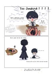 2boys 2d ahoge black_coat black_eyes black_hair black_shirt character_name chibi chibi_only clothes_lift coat covering_own_face crying crying_with_eyes_open curtained_hair double-parted_bangs english_text full_body hair_between_eyes highres hole kim_dokja kimidori_22 male male_focus male_only multiple_boys omniscient_reader's_viewpoint open_clothes open_coat partially_shaded_face planted planted_sword popped_collar shirt shirt_lift short_hair standing suggestive_fluid sword tagme tears tentacle tentacle_sex weapon white_coat yoo_joonghyuk