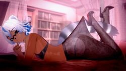 1boy 3d 3d_(artwork) blue_hair domino_mask femboy fishnet_stockings fishnets heels lace_pantyhose_hooked_on_heel_(meme) latam_virtual_youtuber meme meme_reference racoon_ears racoon_tail srakko two-tone_hair vatista_sf virtual_youtuber vtuber white_hair