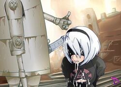 2d 2d_animation animated blindfold cleavage clothed cum_in_mouth cum_on_face derpixon fellatio female head_grab light-skinned_female light_skin machine_lifeform nier nier:_automata pale-skinned_female pale_skin penis rape robot white_hair yorha_2b