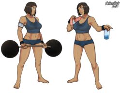 1girls 2017 armwear artist_name avatar_legends barefoot bike_shorts blue_eyes bra breasts brown_hair cleavage clothing dark-skinned_female dark_skin female female_only human korra large_breasts mrpotatoparty shorts solo sports_bra sportswear straight_hair sweat the_avatar the_legend_of_korra water_tribe weightlifting wristwear