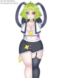 1girls alternate_version_available artist_name big_breasts black_lipstick black_panties black_stockings brawl_stars breasts choker clothed clothed_female clothing eyebrows_visible_through_hair female female_focus female_only gloves green_hair light-skinned_female light_skin lipstick makeup melodie_(brawl_stars) mindless_(artist) navel panties pop_melodie_(brawl_stars) purple_eyes short_hair skirt solo solo_female solo_focus stockings textless thick_thighs thighs topwear white_topwear