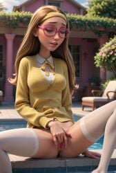 1girls ai_generated big_hero_6 bottomless breasts brown_hair closed_eyes disney female female_masturbation fingering glasses hairband hi_res honey_lemon lips long_hair marvel marvel_comics masturbation outdoors pink_nails pool poolside pussy pussy_juice r34arts ribbon sitting solo spread_legs thighhighs uncensored white_thighhighs