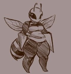 2024 antennae_(anatomy) anthro anthrofied arthropod arthropod_abdomen beady_eyes beedrill belly big_eyes biped breasts eyelashes fan_character featureless_breasts featureless_feet feet female full-length_portrait fur generation_1_pokemon genitals hymenopteran insect_wings insects kirbchub medium_breasts monochrome mouthless navel nintendo nude pear-shaped_figure pokemon pokemon_(species) pokemorph portrait short_stack simple_background slightly_chubby slightly_chubby_anthro slightly_chubby_female solo standing stinger striped_body striped_fur stripes thick_thighs three-quarter_view vespid vulva wasp wide_hips wings
