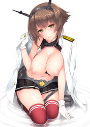 anchor ayase_hazuki black_skirt breasts brown_hair collar epaulettes eyebrows_visible_through_hair female gloves green_eyes head_tilt headgear jacket kantai_collection large_breasts long_sleeves looking_at_viewer military military_uniform miniskirt mutsu_(kantai_collection) naval_uniform navel nipples no_bra partially_submerged pleated_skirt puffy_nipples red_legwear seiza short_hair simple_background sitting skirt solo striped striped_legwear thighhighs uniform water white_background white_gloves white_jacket