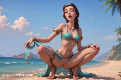 1girls ai_generated armlet artist_name beach beauty_and_the_beast_(1991_film) belle_(beauty_and_the_beast) bikini bikini_top_only blue_sky bottomless bracelet breasts brown_hair cleavage closed_eyes cloud day disney disney_princess earrings female hi_res jewelry lips long_hair makeup medium_breasts navel necklace no_panties ocean open_mouth outdoors palm_tree progenarts pussy sand sandals sarong sky solo spread_legs squatting swimsuit teeth thighlet toes tree uncensored water
