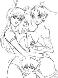 2girls big_breasts blush booozu_0 breast_docking breast_press breast_squish bunny_ears bunny_tail bunnysuit embarrassed female female_focus gintama gintoki_sakata glasses gloves holding_hands long_hair looking_at_viewer monochrome playboy_bunny sarutobi_ayame sketch smile thighhighs tied_hair tsukuyo