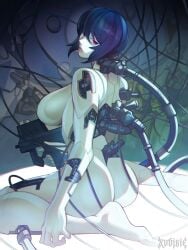 absurdres android ass back barefoot blue_hair bodysuit breasts cable cyberpunk cyborg feet female from_behind ghost_in_the_shell gun highres holding holding_gun holding_weapon kusanagi_motoko large_breasts lips looking_at_viewer looking_back nude pale_skin parted_lips red_eyes robot robot_girl science_fiction short_hair sideboob sitting solo submachine_gun wariza weapon wire xuuikie xuuikie_ashe