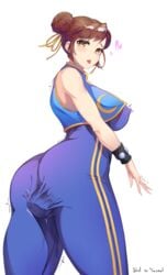 :p alternate_costume ass bare_shoulders blush bodysuit breasts brown_eyes brown_hair chun-li crying crying_with_eyes_open dildo double_bun erect_nipples female hair_bun hair_ribbon harry_(dudwofla) heart highres large_breasts looking_at_viewer medium_breasts ribbon short_hair simple_background sleeveless solo street_fighter street_fighter_alpha tears thighs tongue tongue_out torogao trembling vibrator_under_clothes white_background