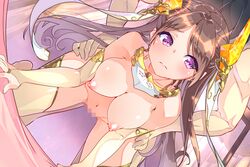 1boy all_fours blush breasts bridal_gauntlets brown_hair censored closed_mouth doggy_style female flower_knight_girl frown fujishima-sei_ichi-gou game_cg hair_ornament hanging_breasts kirinsou_(flower_knight_girl) long_hair medium_breasts mosaic_censoring navel nipples nude official_art purple_eyes sex shiny shiny_skin solo straight thigh_grab thighhighs vaginal_penetration yellow_legwear