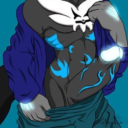 2016 anthro black_fur canine clothed clothing erection fur glowing husky hybrid male male_only mammal muscular nude penis shiarah signature simple_background solo undressing wolf zen-aku_shiragami