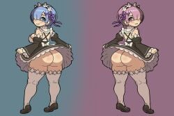 ai_assisted blue_eyes blue_hair dress dress_lift going_commando looking_back maid maid_headdress maid_uniform no_panties purple_eyes purple_hair ram_(re:zero) re:zero_kara_hajimeru_isekai_seikatsu rem_(re:zero) shoes short_hair smile swisschocoart thighhighs