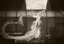 aeromorph aircraft airplane anthro ass big_breasts big_butt black_and_orange bomb breasts cable clothing explosives faceless_character faceless_male female genitals group hangar happy hi_res human indoor_nudity inside larger_female living_aircraft living_machine living_vehicle looking_back lying_on_ground machine macro maintenance male mammal military_uniform missile monochrome not_furry nude on_ground saphirathefur size_difference smile smirk tail uniform vehicle vulva wheel working world_war_2