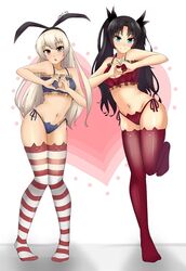 2girls :o alternate_costume aqua_eyes arm bare_arms bare_shoulders bell bell_choker black_hair black_ribbon blue_panties bow breasts brown_eyes cat_band_legwear cat_cutout cat_ear_panties cat_keyhole_bra cat_lingerie choker cleavage_cutout crossover fate/stay_night fate_(series) female female_only full_body groin hair_between_eyes hair_ribbon hairband hairbow heart heart_background heart_hands highleg highleg_panties human kantai_collection knees_together_feet_apart lingerie long_hair looking_at_viewer medium_breasts meme_attire midriff multiple_girls navel open_mouth panties paw_print pigeon-toed red_legwear red_lingerie red_panties ribbon shimakaze_(kantai_collection) shiny shiny_clothes shiny_skin side-tie_panties standing standing_on_one_leg striped striped_legwear thighhighs thighs tied_hair tohsaka_rin twintails underwear underwear_only white_hair wide_hips yellow_eyes z666ful