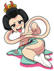 1girls 2016 black_eyes black_hair character_request convenient_censoring cute female gashi-gashi kimono lady_longnek looking_at_viewer monster_girl nihongami open_mouth rokurokubi socks sweat_beads tabi tagme tongue tongue_out white_background yo-kai_watch youkai