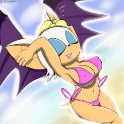 2d_(artwork) anthro armpits arms_behind_head arms_up artist_request bat beach big_breasts bikini busty cleavage closed_eyes female large_breasts navel nipple_bulge nipple_outline nipples_visible_through_clothing pink_bikini rouge_the_bat sega sensual sexy sexy_armpits sexy_pose shortstack sonic_(series) sonic_the_hedgehog_(series) stretching_arms thong_bikini wings