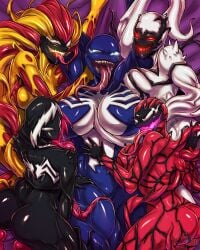 5girls anti-she-venom anti-venom artist_logo artist_name ass black_body blue_body breasts carnage_(marvel) drool drool_on_breasts drooling_tongue female female_only gwen_stacy gwen_stacy_(earth-65) gwenom harem huge_breasts large_ass large_breasts long_tongue lying lying_on_back lying_on_bed marvel marvel_comics mask masked masked_female monster monster_girl monster_tongue muscular muscular_female no_hair on_bed possessed possession red_body rule_63 scream_(spider-man) sharp_teeth she-carnage she-venom smiling smiling_at_viewer spacen'cakes spider-gwen spider-man_(series) spikes symbiote symbiote_suit tentacle tentacle_hair thick_thighs thighs tongue tongue_out venom_(marvel) white_body yellow_body