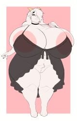 absurd_res anthro areola areola_slip big_breasts black_choker black_eyebrows black_jewelry black_necklace black_nightgown border bovid breasts bulging_breasts caprine choker cleavage clothed clothing curvy_figure eyebrows eyelashes female full-length_portrait fur genitals giselle_orochi goat hair hi_res horn huge_breasts hyper hyper_breasts jewelry long_ears looking_at_viewer mammal monotone_body monotone_fur mostly_nude necklace nightgown no_underwear pink_areola pink_background portrait simple_background smile solo standing tan_horn thick_thighs translucent translucent_clothing translucent_nightgown voluptuous vulva white_border white_hair wide_hips