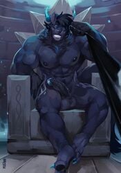 anthro balls black_fur black_hair blue_eyes blue_fur canine chair claws demon demondog erection fur furry furry_only glans hair half-erect hybrid leash male_focus male_only mammal mystikfox61 nipples no_humans penis raik_(character) throne