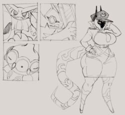 1girls 2025 belt big_breasts big_thighs body_markings breasts bune_(sewerseraph) claydol curvy curvy_female dragon_girl earrings female female_only generation_3_pokemon generation_4_pokemon gliscor grey_background hat hips horn horns huge_breasts huge_thighs long_ears markings medium_hair monster_girl necktie original pokemon pokemon_(species) pokemon_team sableye sewerseraph sketch solo solo_female tagme_(character) tail tail_markings thick_thighs thighs wide_hips
