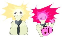 1girls blush breasts breasts_out bust bust_shot character_design dewmel fanning_self female gjinka glowing_body glowing_hair jacket led_light light_bulb lightbulb mouth_covered nipples object_head oc original_character self_upload tagme turtleneck usekh_collar zipper