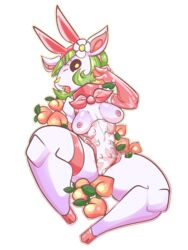 2018 alpha_channel animal_crossing anthro armwear big_thighs biped bird's-eye_view black_sclera breasts cameltoe cervine chelsea_(animal_crossing) clothing deer eating elatedsceptre elbow_gloves eyelashes fake_ears fake_rabbit_ears female food food_play fruit garter gesture gloves green_hair hair high-angle_view holding_food holding_object hooves inverted_nipples leather leg_garter lingerie looking_at_viewer lying mammal medium_breasts multi_nipple nerfocalypse nintendo nipples on_back open_mouth outline peach_(fruit) pink_hooves pink_nipples raised_arm raised_leg sanrio short_hair simple_background solo spread_legs spreading teddiette tongue tongue_out transparent_background v video_games yellow_eyes yellow_nose