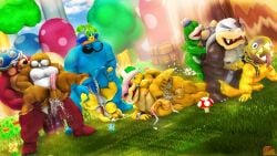 16:9 2025 3d_(artwork) 4k 9boys absurd_res anthro anthro_on_anthro anthrofied balls big_balls big_penis blue_body blue_hair bodily_fluids brick brown_body chain_chomp claws clothing cuffs_(clothing) cum cum_in_ass cum_inside digital_media_(artwork) eyewear facial_hair feet flower fungus furry furry_male gay gay_sex genital_fluids genitals golden_body grass green_body group group_sex hair hat hat_only headgear headgear_only headwear headwear_only hi_res hill huge_balls huge_cock huge_tongue humanoid humanoid_male humanoid_on_anthro interspecies isle_delfino_police koopa koopaling logo male male/male mario_(series) monty_mole moonwulf morton_koopa_jr. mostly_nude motion_blur motion_lines moustache multicolored_body muscles muscular mushroom nintendo nipples on_ground orgasm orgy penis pianta_(super_mario_sunshine) plant public public_sex red_body reptile roy_koopa scalie sex sharp_teeth shrub size_difference sledge_bro source_filmmaker_(artwork) spike_(mario) sunglasses teeth tongue tongue_out tree two_tone_body undergrunt white_body widescreen yaoi yellow_body yellow_yoshi yoshi