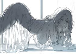 1girls 2026 2d 2d_(artwork) ass ass_up blush blush_lines cheeky cheeky_smile clothed clothed_female clothing female female_focus gesture hanging_breasts hews hews_hack kaoru_hana_wa_rin_to_saku long_hair nipple_outline nipples nipples_visible_through_clothing on_floor quiet_gesture see-through see-through_clothing shushing smile smiling smiling_at_viewer solo solo_female solo_focus sweat sweating translucent translucent_clothing waguri_kaoruko